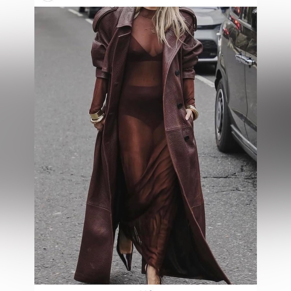 En Cuir Pebbled Leather Trench in Brown / Burgundy 100% Leather VERY OVERSIZED - Picture 9 of 14